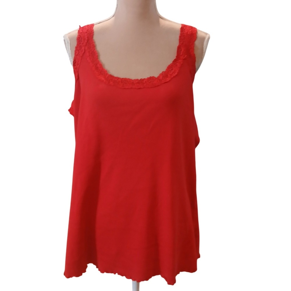 Vtg Basic Editions Womens 2X Red Ribbed Cotton Lace Trim Tank Lettuce Hem y2k
